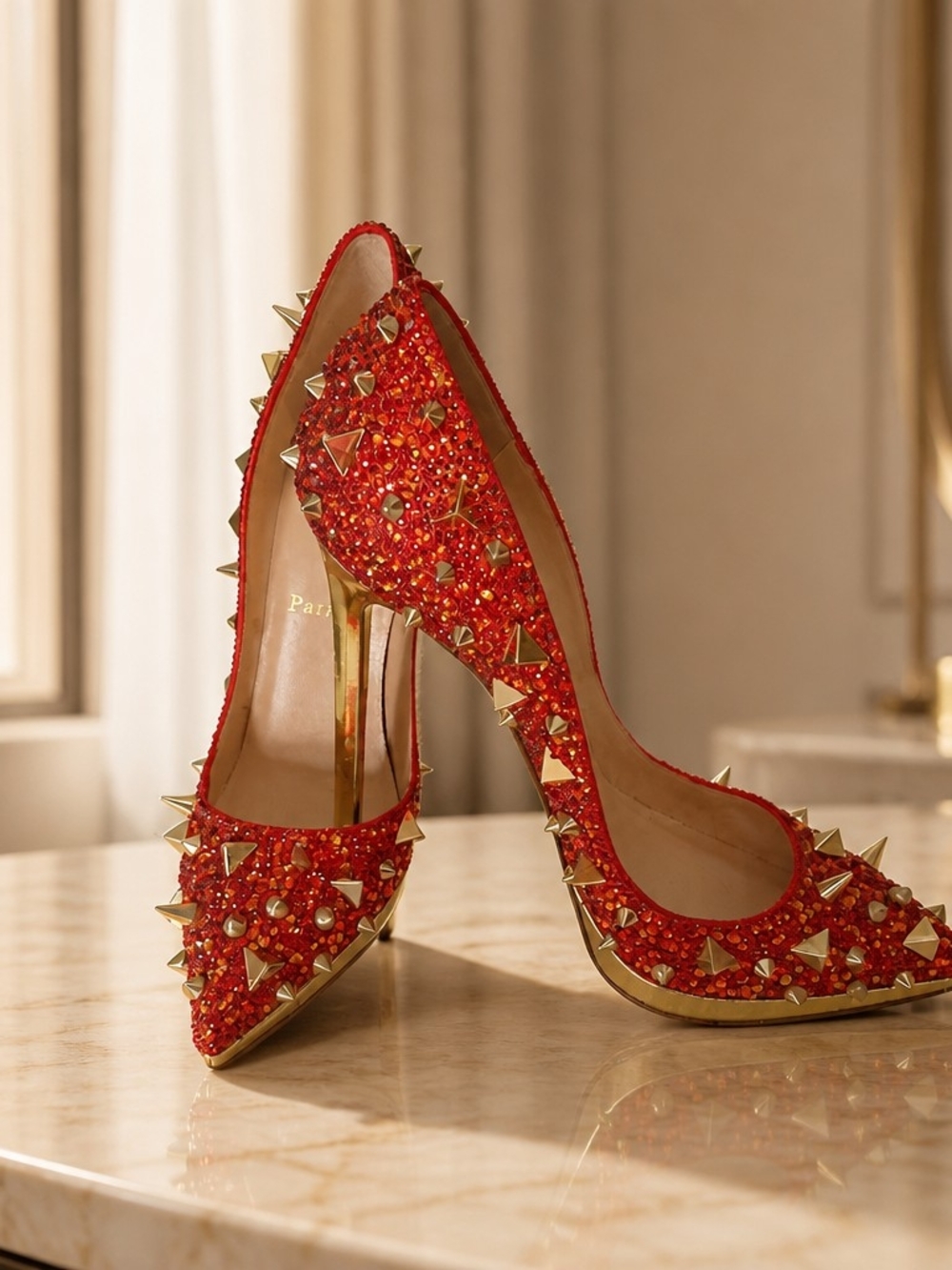 Christian Louboutin Red Studded Pointed-Toe Stiletto Heels - Picture 8 of 16